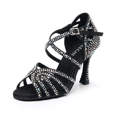 Women's Black Strappy Satin Rhinestones Customized Heel Dance Shoes
