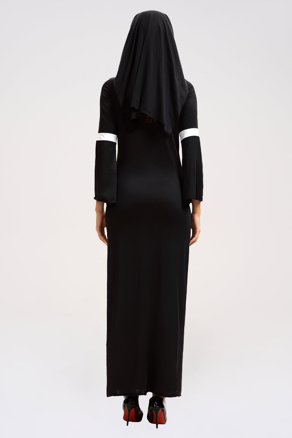 Cutout Flare Sleeve Slim Fit Side Slit Colorblock Nun Maxi Dresses-Black