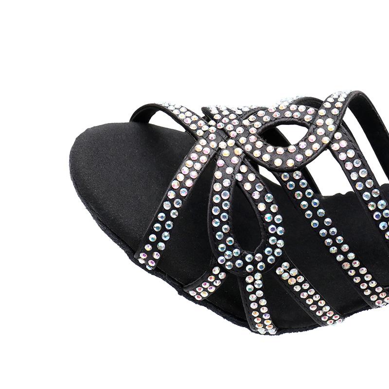 Women's Black Satin Customized Heel Ballroom Rhinestones Strappy Dance Shoes