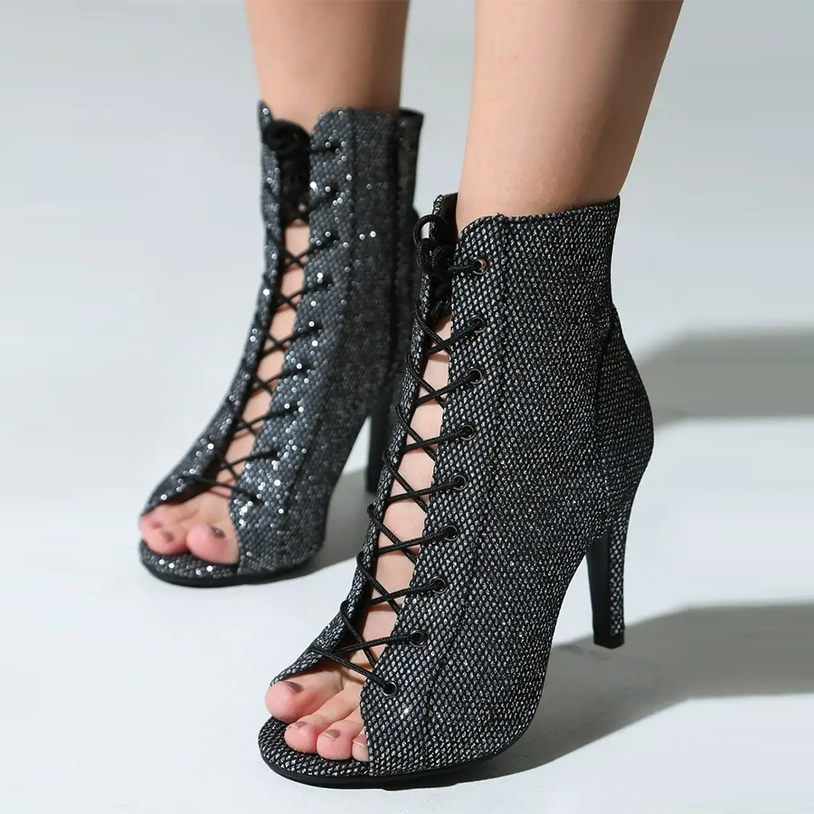 Women's Black 7.5cm/10cm Slim Heel Rubber Sole Leatherette JazShoes Open Toe Dance Heels Boots