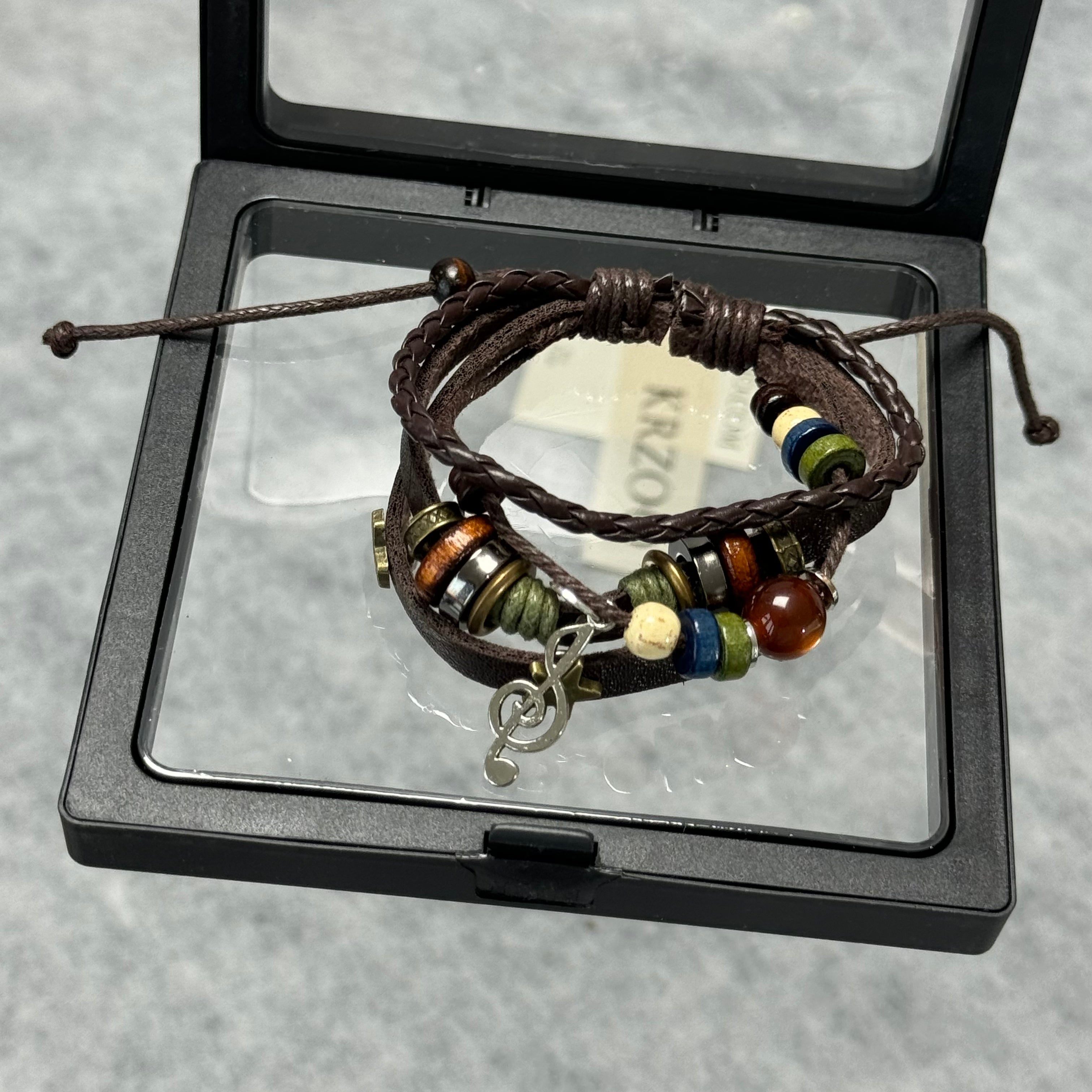 Multi-layer beaded leather woven bracelet