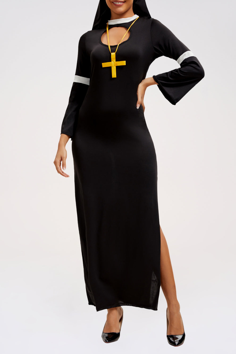 Cutout Flare Sleeve Slim Fit Side Slit Colorblock Nun Maxi Dresses-Black