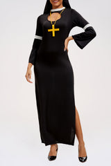 Cutout Flare Sleeve Slim Fit Side Slit Colorblock Nun Maxi Dresses-Black
