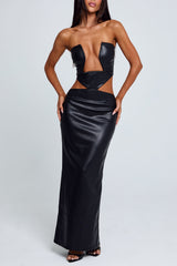 Irregular Neck Cutout PU Leather Party Tube Maxi Dresses-Black Pre Order