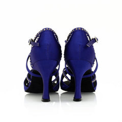 Women's Blue Customized Heel Open Toe Strappy Dance Shoes with Crystals