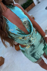 Sequin Halterneck Cutout Bodycon Fringed Mini Dresses Green