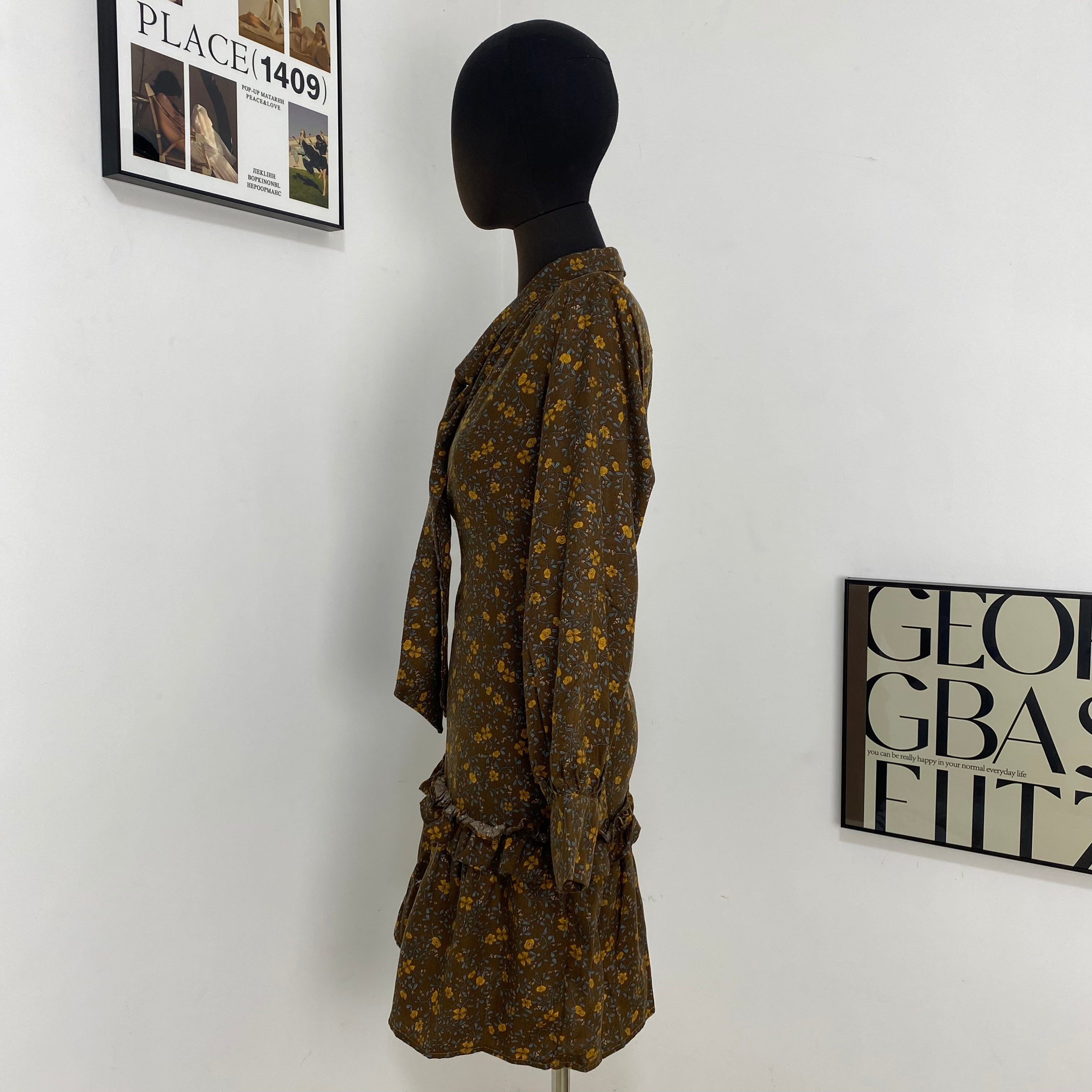 Brown Lace-Up Floral Dress