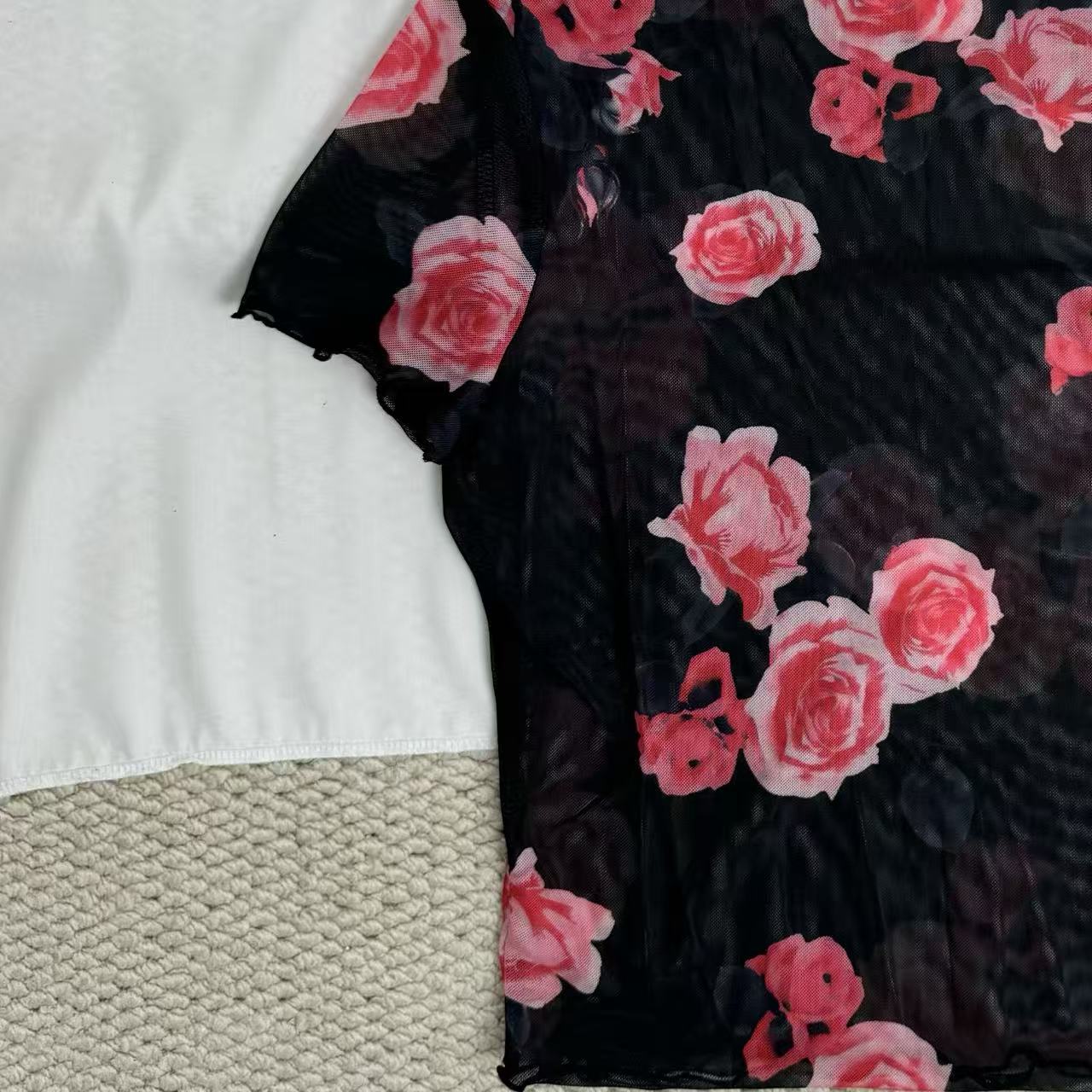 Mesh T-Shirt with Floral Print and Short Sleeves