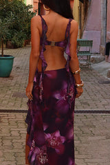 Ruffled Crop Cami Floral Print Slit Maxi Skirt 2pcs Set Purple