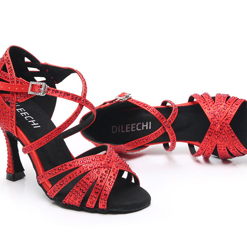 Women's Red Customized Heel Open Toe Strappy Dance Shoes with Crystals