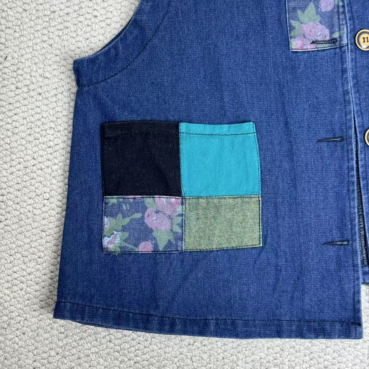 Retro Print Patchwork Denim Vest