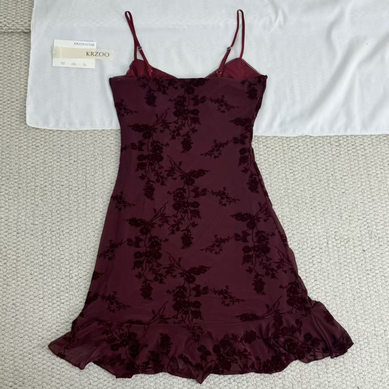 French-style retro flocking printed halter dress
