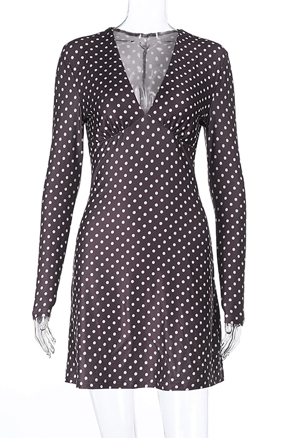 Leopard Print Deep V Neck Long Sleeve A-Line Mini Dresses-Brown