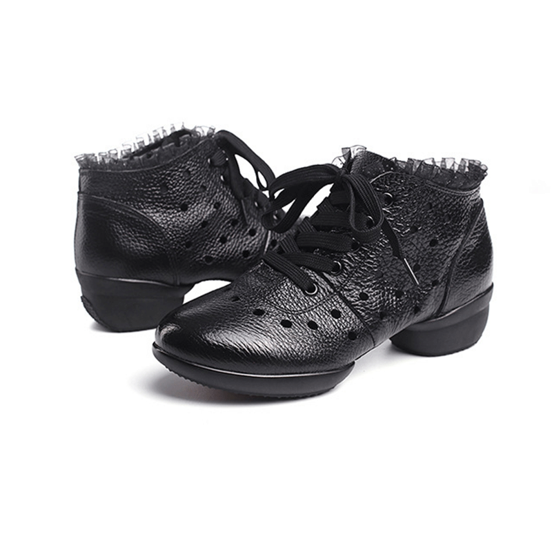 Women's Leather Hollow Out Lace-up 4cm Heel Dance Sneakers Practice Dance Shoes JazDance