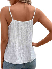 V Neck Sleeveless Camisole Sparkly Silver Tank Top