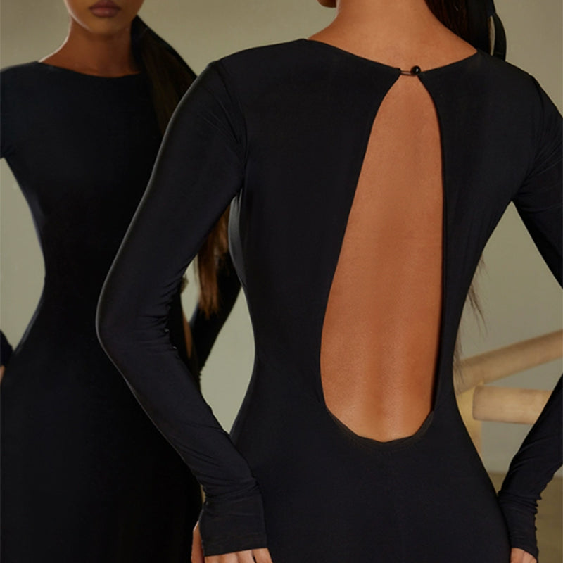 Women's Black Round Neck Long Sleeve Backless Elegant Dance Dress Dance Wear