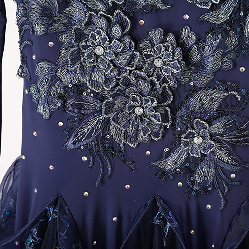 Women's Long Sleeve Navy Blue Lace Diamond WaltBallroom Dance Competition Modern Dance Large Swing Dress