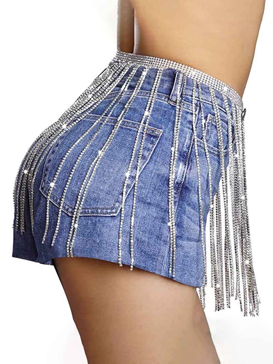 Belly Dance Body Chain Shiny Rhinestone Tassel Skirt