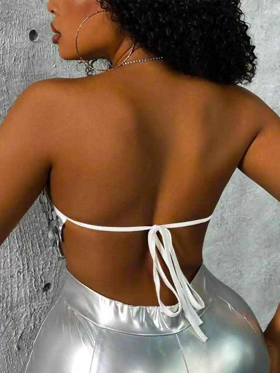V-neck Backless Silver Sparkly Sequin Halter Neck Top