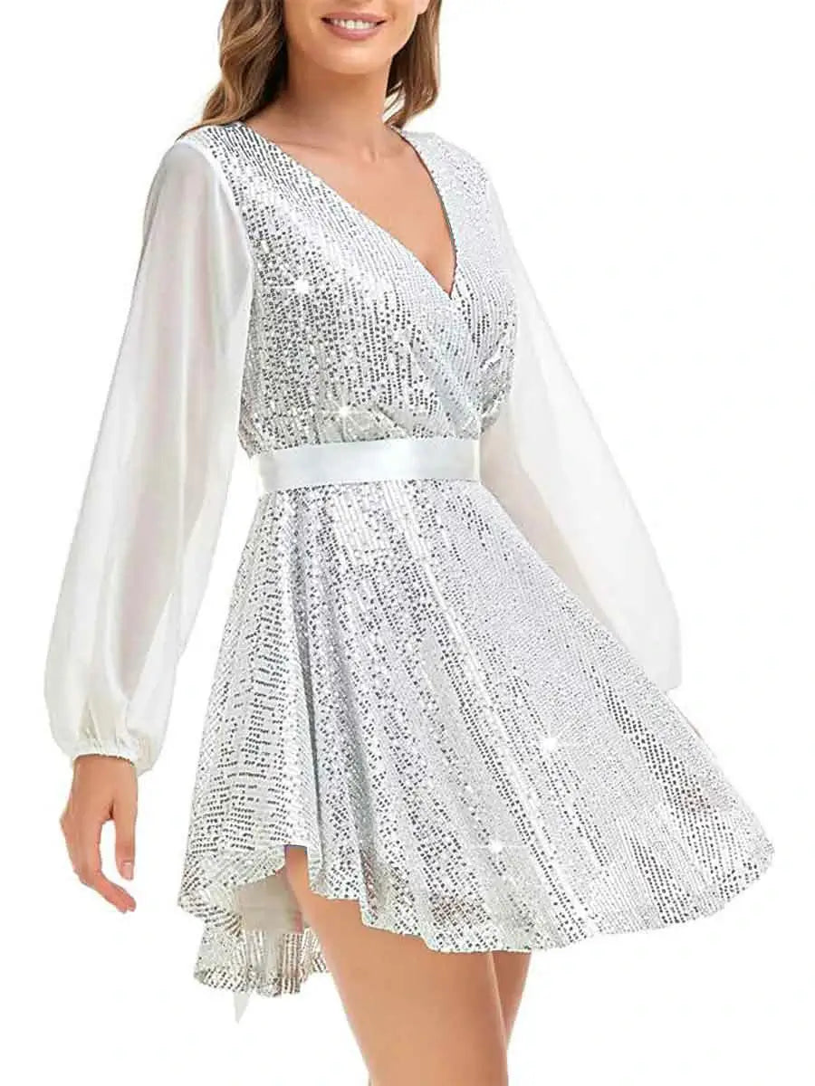 V-neck long-sleeve belted sequin white cocktail dress