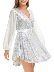 V-neck long-sleeve belted sequin white cocktail dress