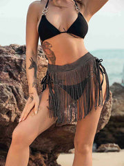Shiny Wrap Belt Skirt - Black Rhinestone Tassel Skirt