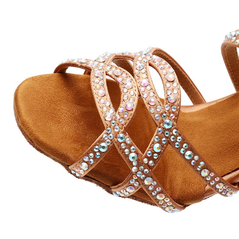 Women's Bronze Satin Rhinestone Customized Heels Ballroom Latin Dance Shoes