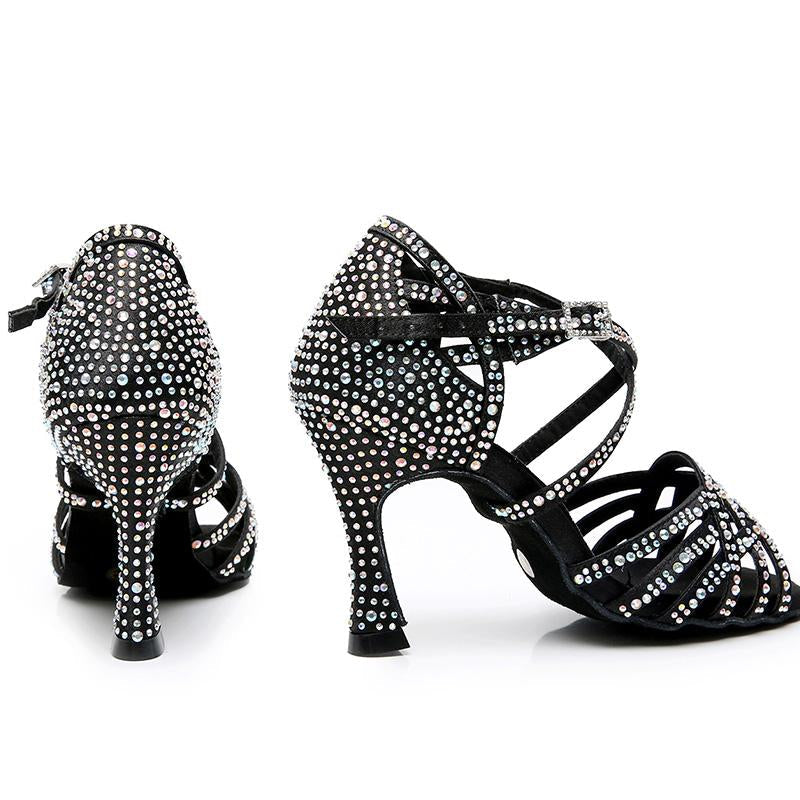 Women's Black Customized Heel Satin Rhinestones Strappy Dance Shoes