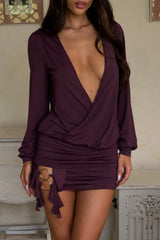 Deep V Neck Backless Ruffled Slit Ruched Mini Dresses Purple