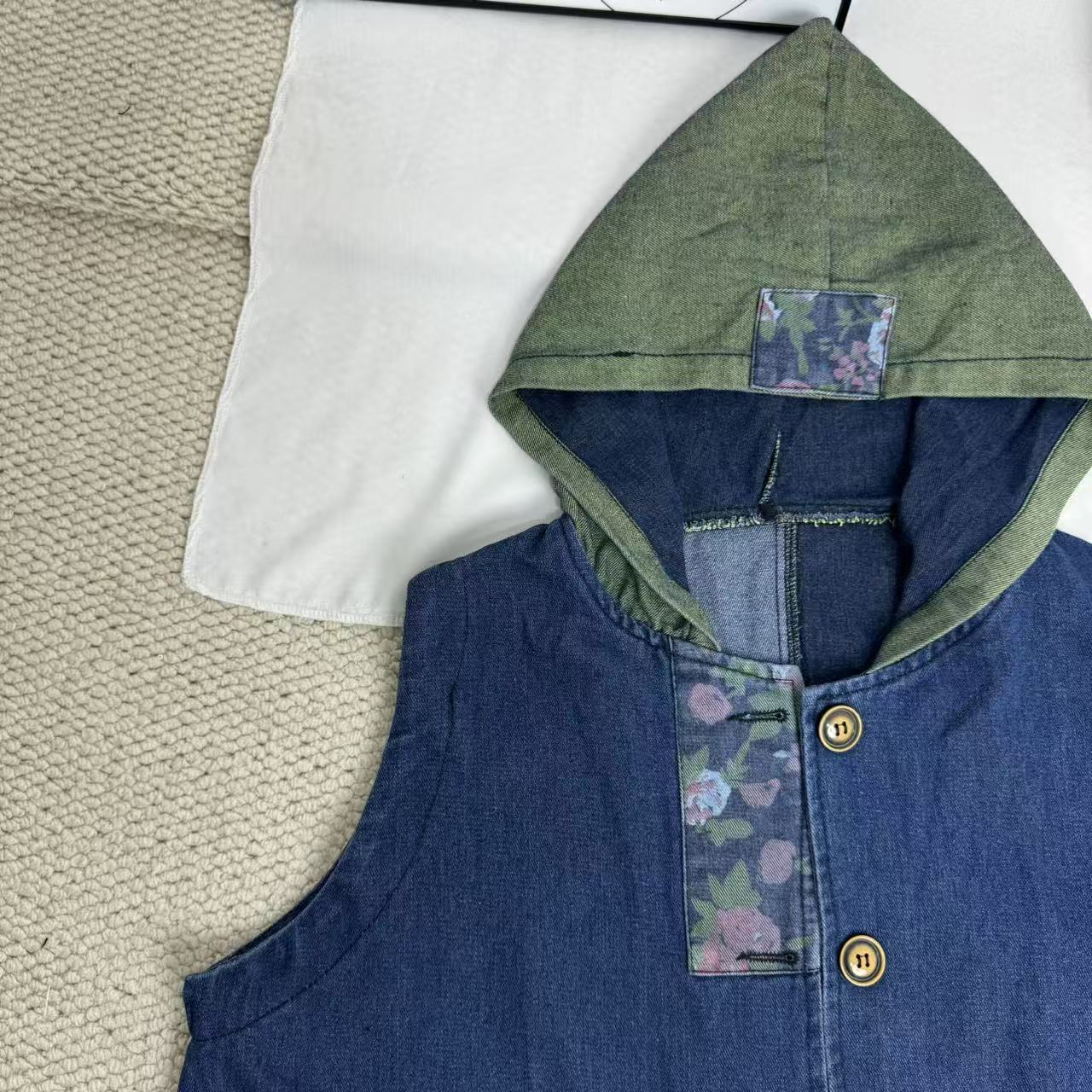 Retro Print Patchwork Denim Vest