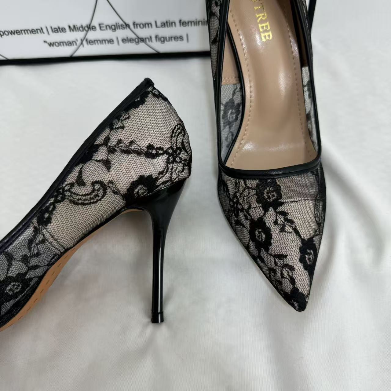 Pointed-Toe Mesh Cutout Lace Flats