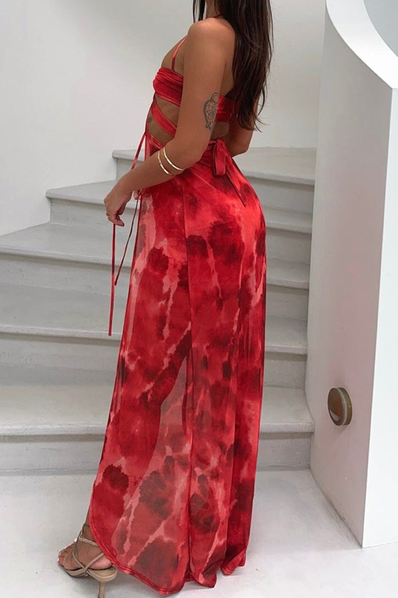 Pattern Print Sash Cut Out Halter Crop Top Vacation Mini Skirt Matching Set