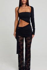 Asymmetric Sleeve Cutout Sash Top Lace Pants 2pcs Set-Black Pre Order
