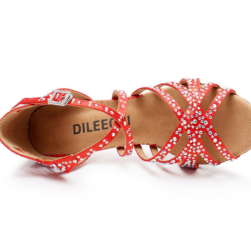 Women's Red Customized Heel Strappy Dance Shoes With Crystals