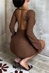 Irregular Neckline Long Sleeve Jacquard Lace Backless Mini Dresses-Brown