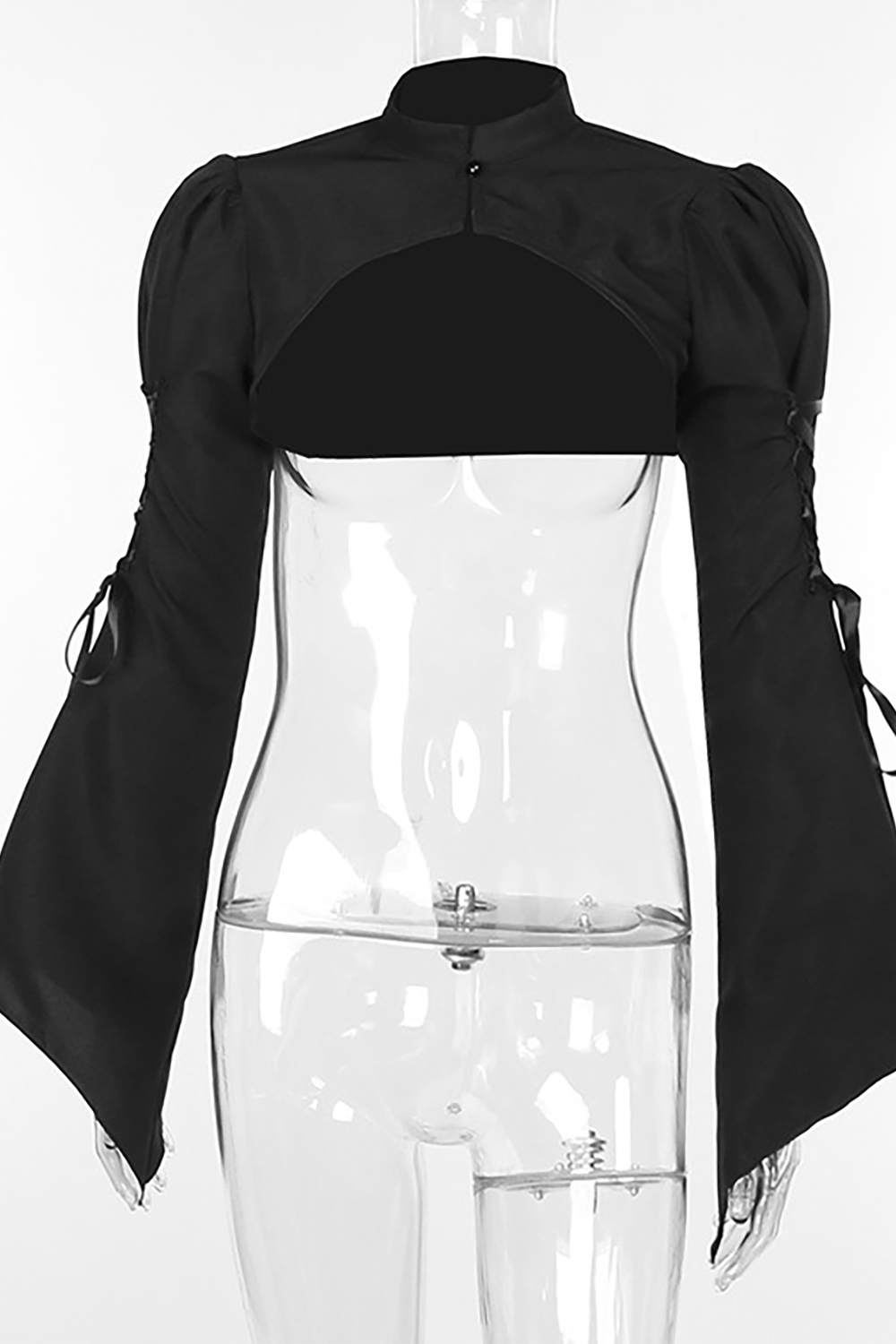 Tie Up Bell Sleeve Stand Collar Crop Top-Black