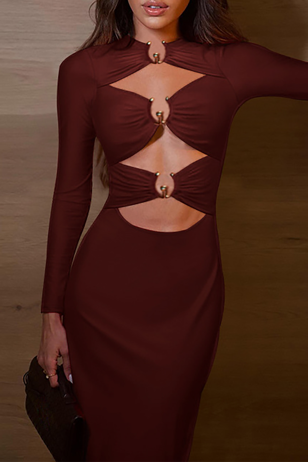 Cutout Long Sleeve Bodycon Solid Color Midi Dresses-ReddishBrown
