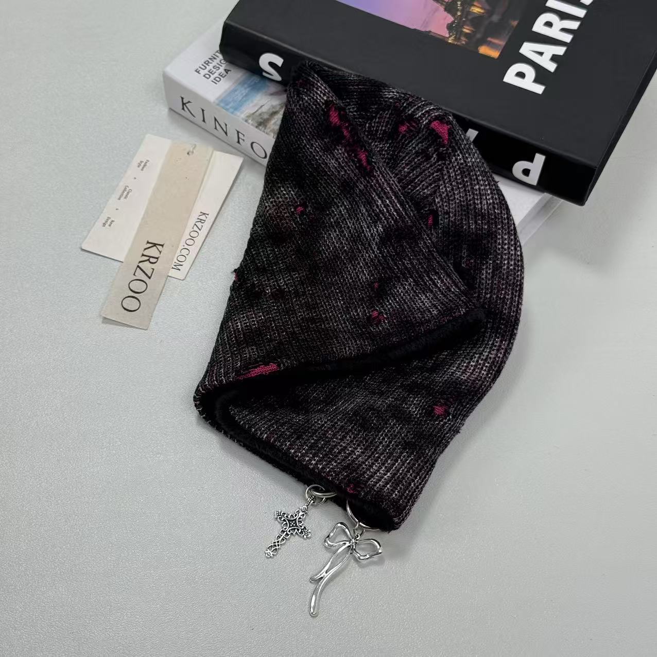 Cross-shaped hole distressed knitted hat