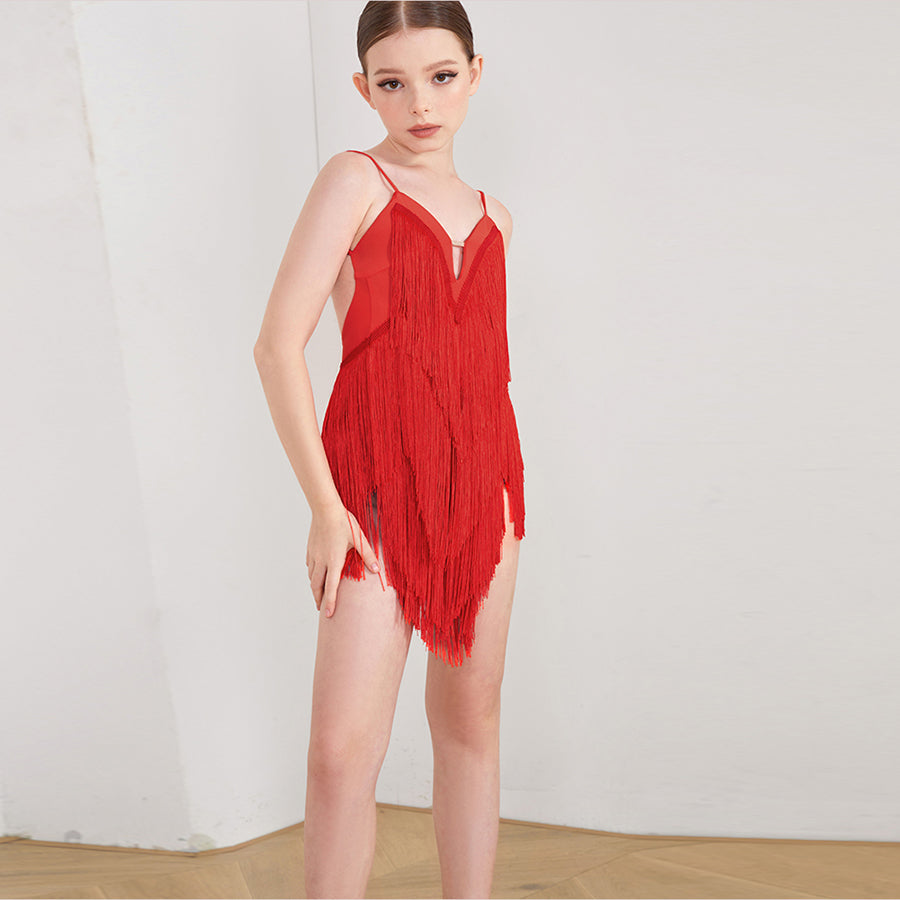 Girls Tassel Sleeveless V Neck Performance Dance Dresses Dancewear