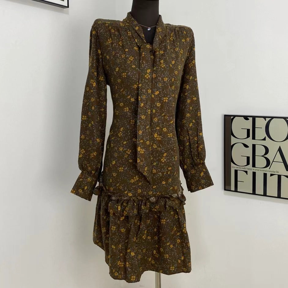 Brown Lace-Up Floral Dress