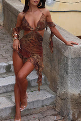 Leopard Print Halter Neck Cutout Ruffled Mini Dresses Brown