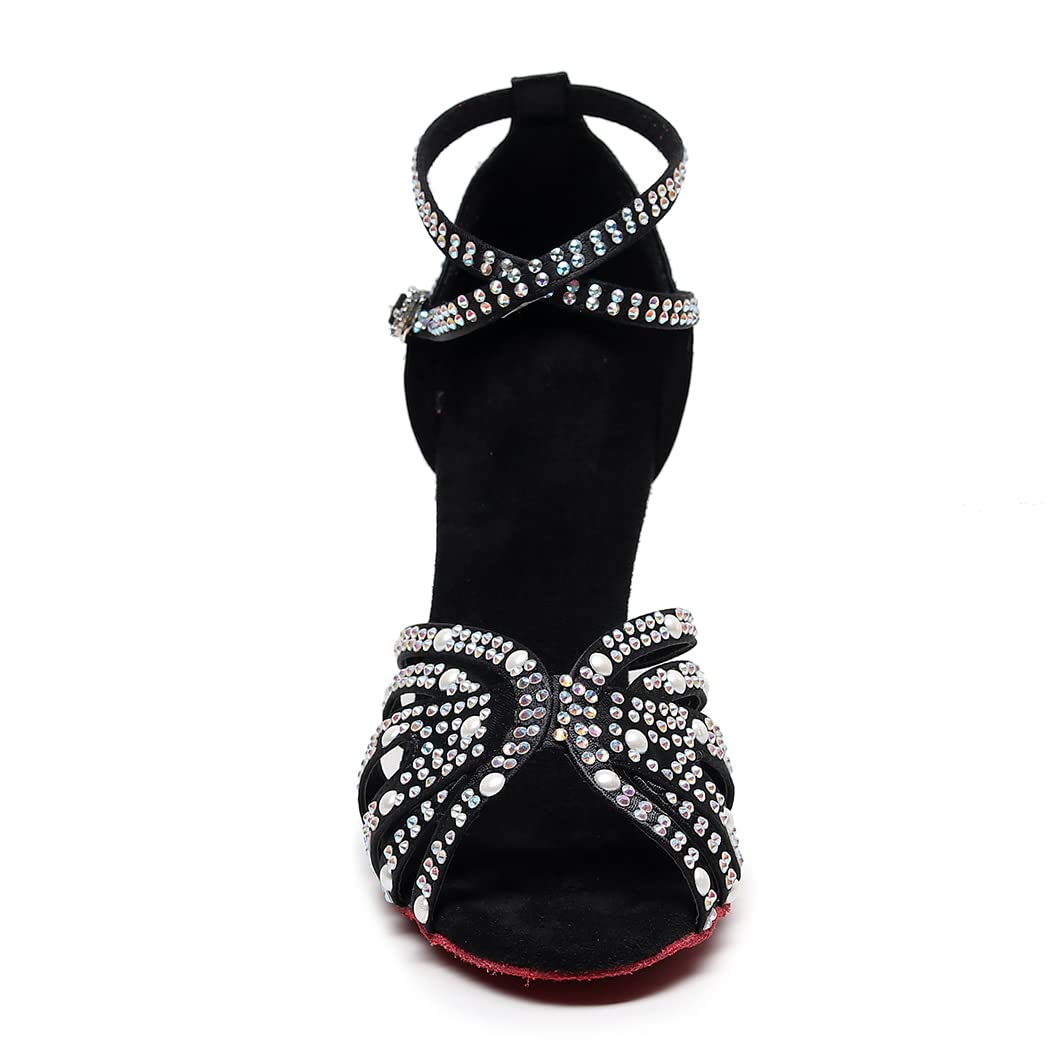 Women's Black Customized Heel Satin Rhinestones Strappy Ballroom Latin Dance Shoes
