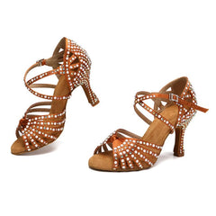 Women's Brown Rhinestone Customized Heel Satin Strappy Knot Latin Dance Shoes