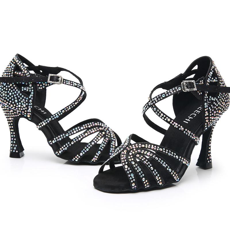 Women's Black Strappy Satin Rhinestones Customized Heel Dance Shoes