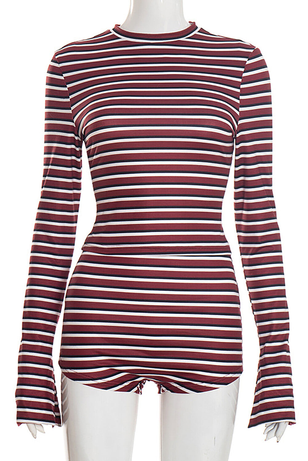 Striped Print Round Neck Flare Sleeve Top Slim Fit Shorts 2pcs Set-Burgundy