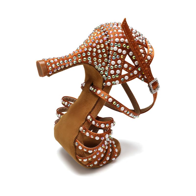 Women's Brown Rhinestone Customized Heel Satin Strappy Knot Latin Dance Shoes