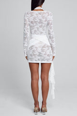 Lace Patchwork Long Sleeve Cross Strap Cutout Mini Dresses-White Pre Order