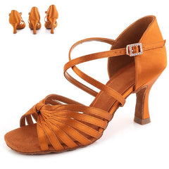 Women's Brown Satin Customized Heel Strappy Ballroom Dance Shoes Latin Dance Shoes