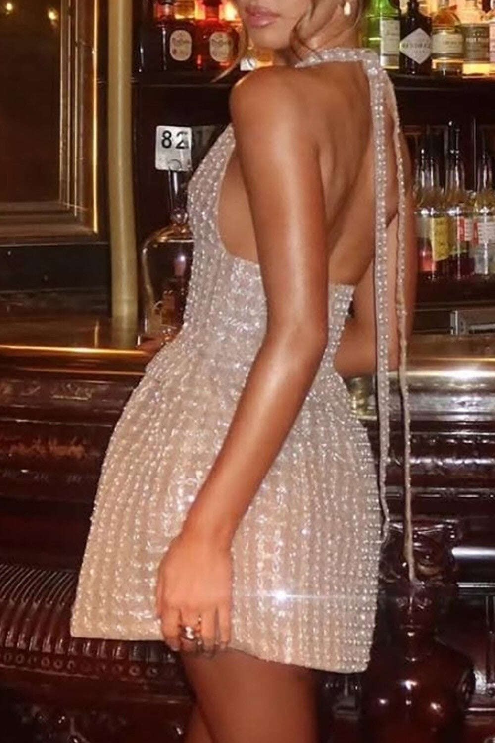 Beaded Sequined Deep V Neck Halter Cinch Waist Mini Dresses-Pink