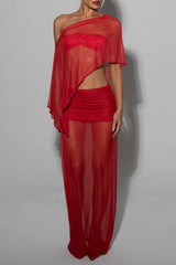 Off Shoulder Irregular Top Fitted See Through Maxi Skirt Set-Red Pre Order